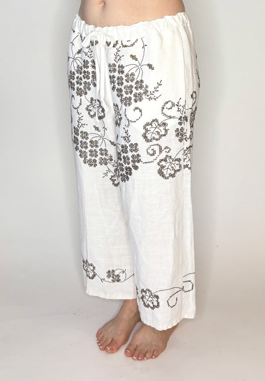 *SAMPLE* ~ Vintage Hand Embroidered Linen Tablecloth Pants ~ Size S/M