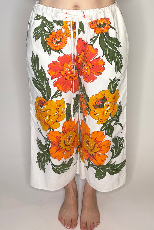 *Brilliant Orange Floral* Vintage Tablecloth Pants - M