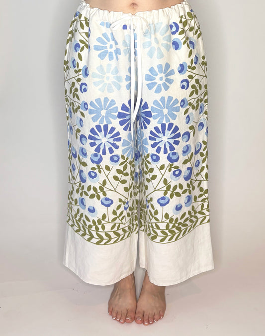 Gorgeous Cornflower Blue & Moss Green Vintage Linen Tablecloth Pants - L/XL