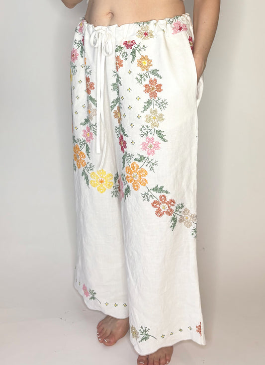 *Fall Floral* Vintage Hand Embroidered Vintage Linen Tablecloth Pants - XL
