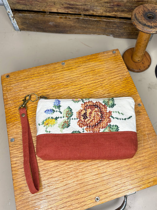 *Autumn Sunset* #1 ~ Vintage Hand Embroidered Linen Tablecloth Wristlet/Zipper Pouch