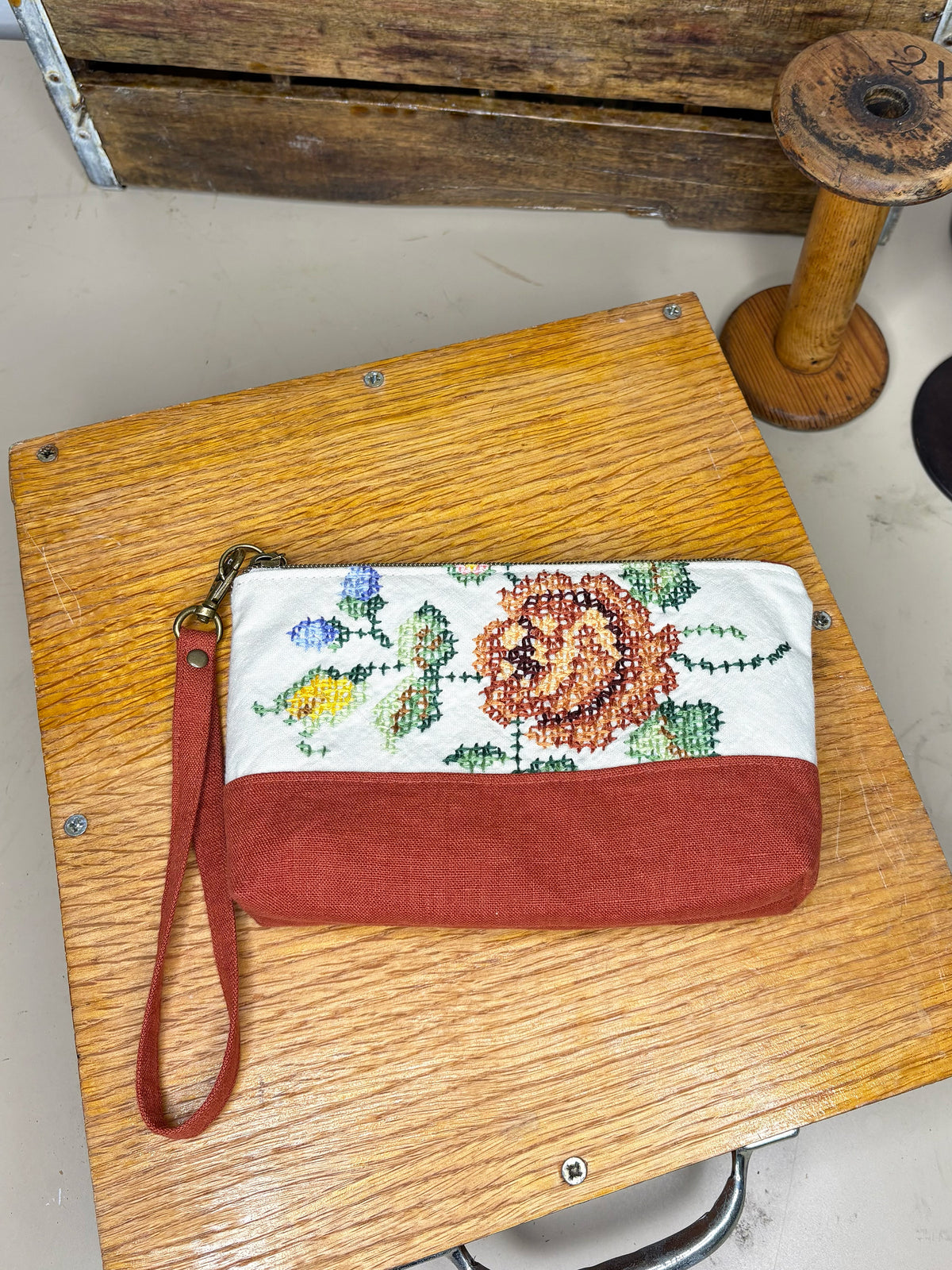 *Autumn Sunset* #2 ~ Vintage Hand Embroidered Linen Tablecloth Wristlet/Zipper Pouch