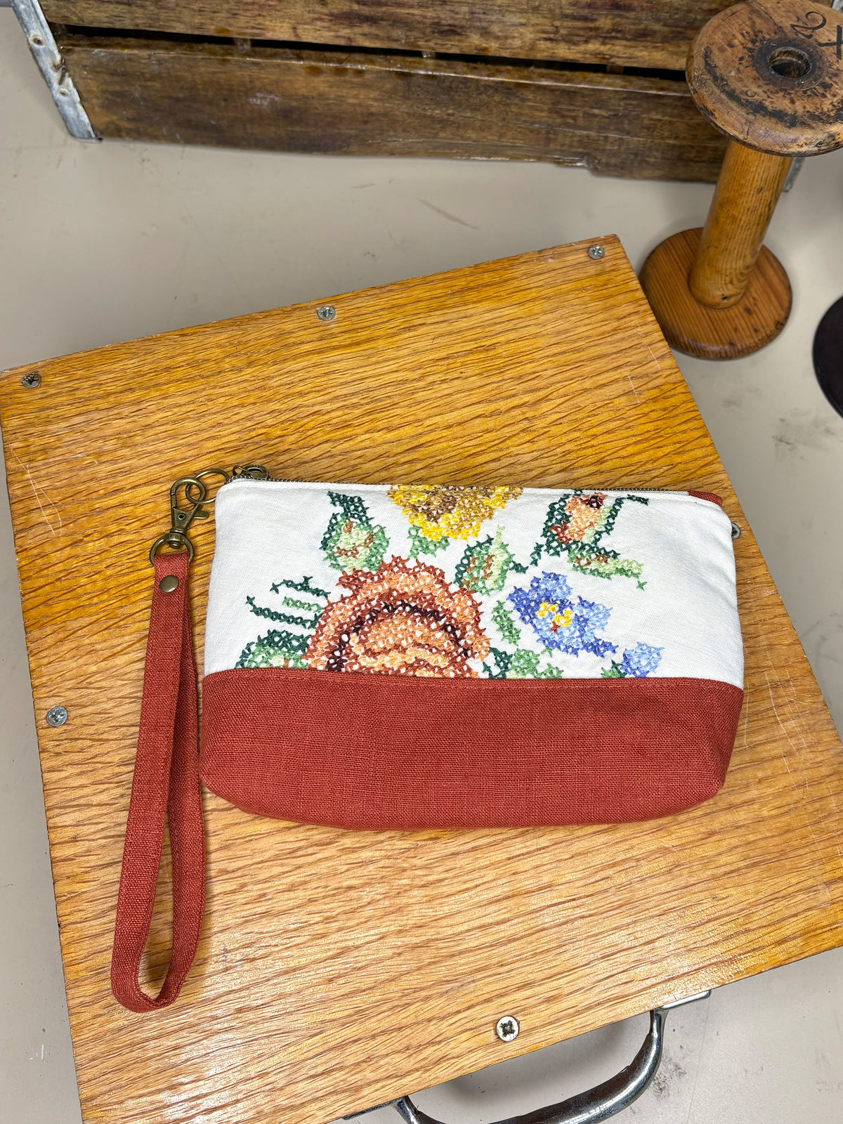 *Autumn Sunset* #3 ~ Vintage Hand Embroidered Linen Tablecloth Wristlet/Zipper Pouch