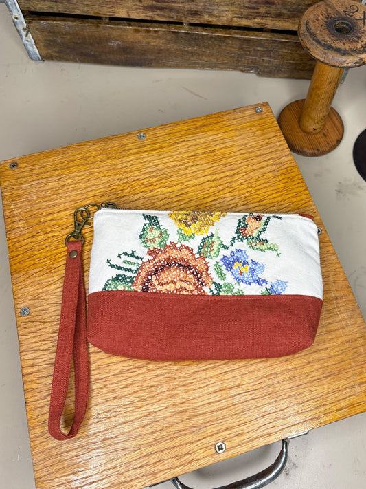 *Autumn Sunset* #3 ~ Vintage Hand Embroidered Linen Tablecloth Wristlet/Zipper Pouch