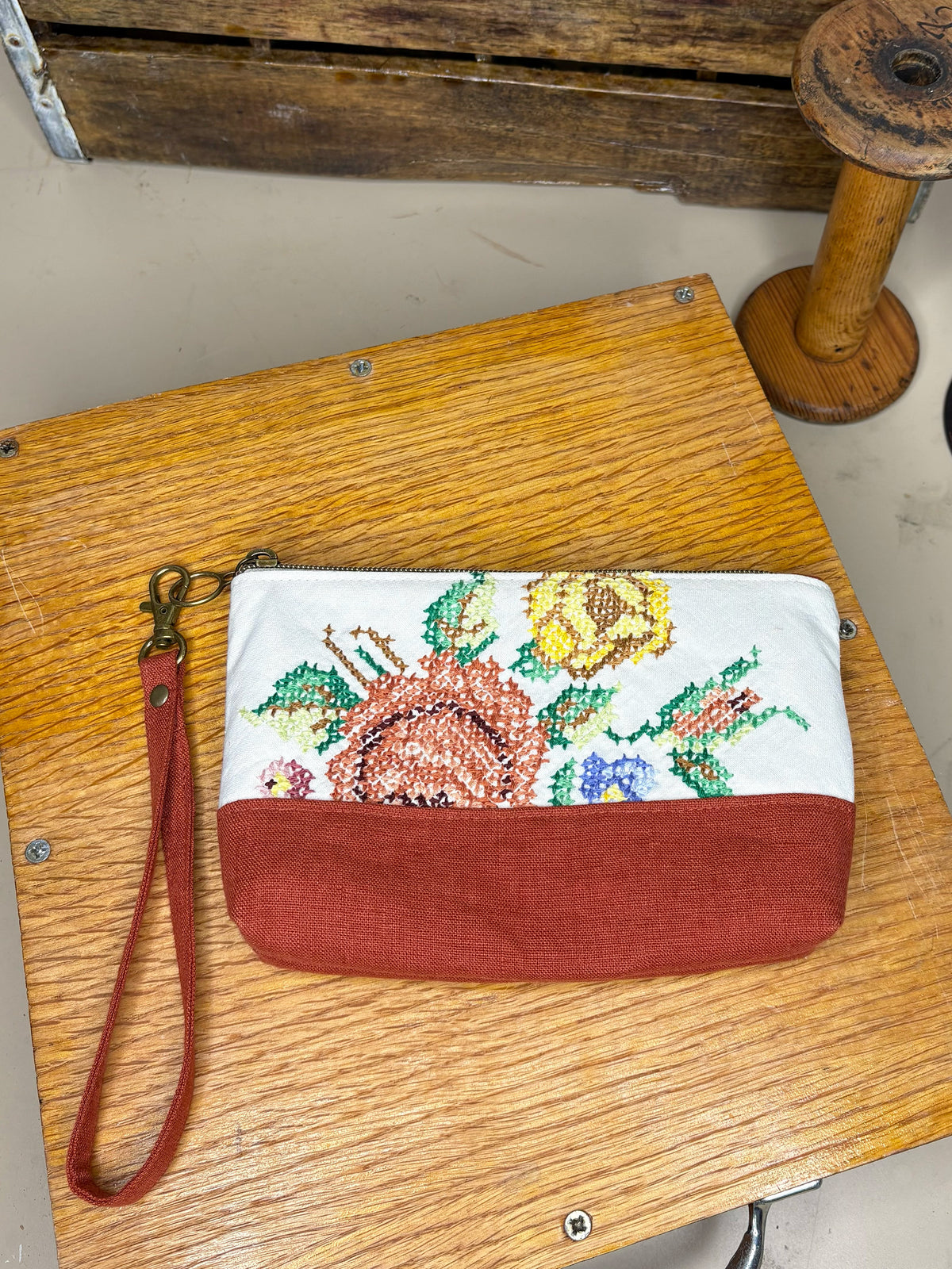 *Autumn Sunset* #4 ~ Vintage Hand Embroidered Linen Tablecloth Wristlet/Zipper Pouch