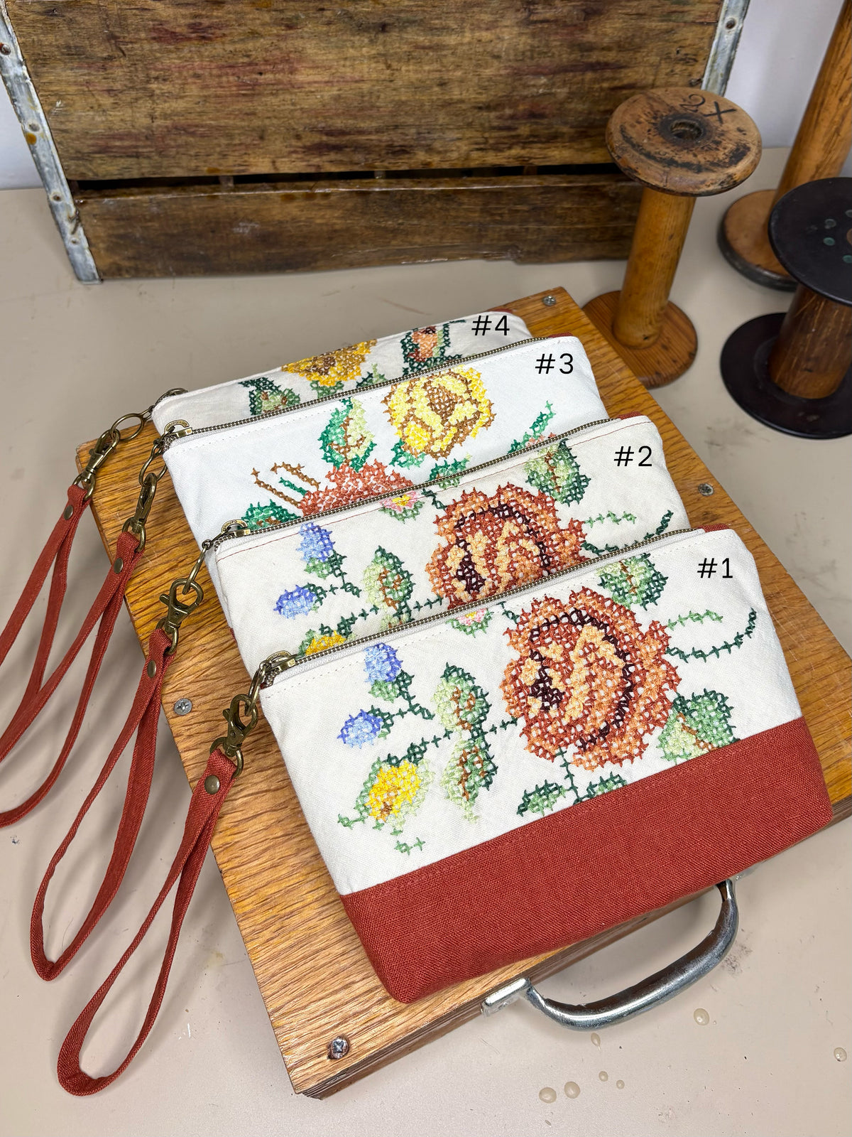 *Autumn Sunset* #4 ~ Vintage Hand Embroidered Linen Tablecloth Wristlet/Zipper Pouch