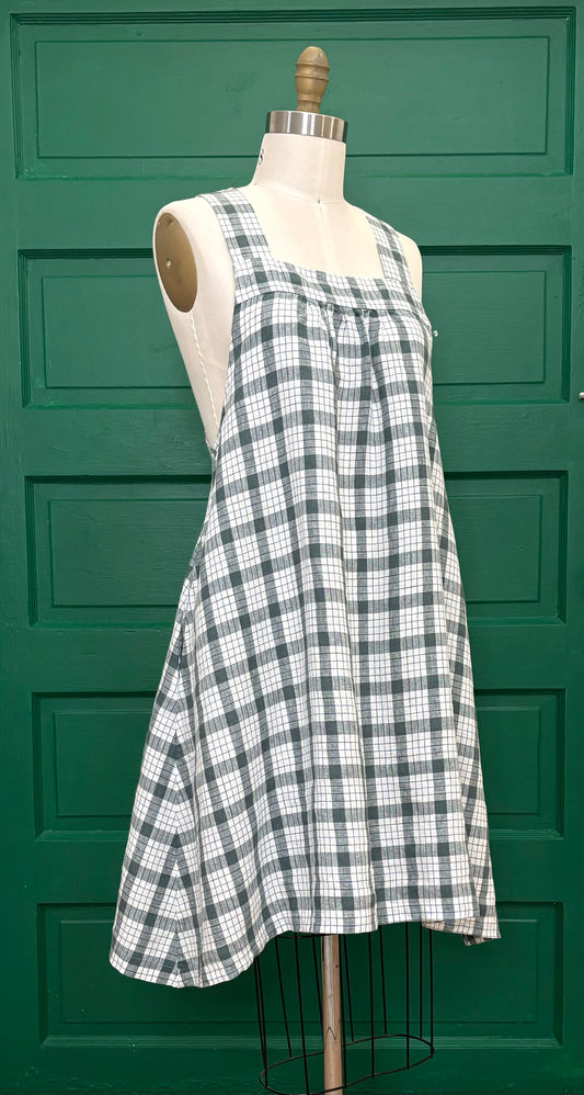 *Made to Order* Solstice Dress in Green Plaid 100% Linen ~ Choose Your Size ~ XS to 3X